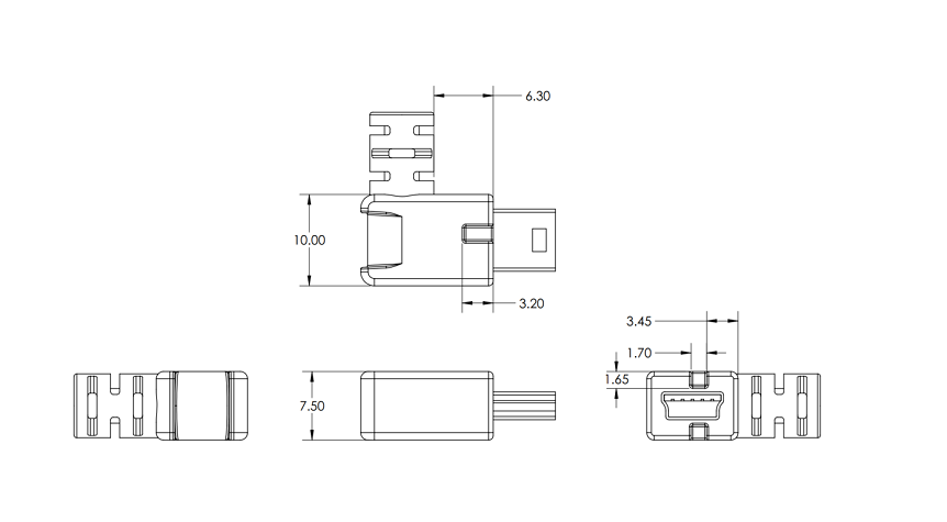 Figure #4 - USB mini-B plug IOX mechanical design diagram overview.