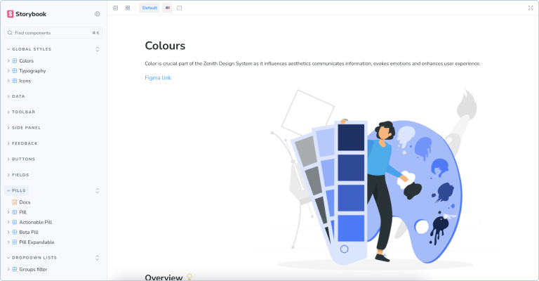 Screenshot of Zenith Storybook Colours page.